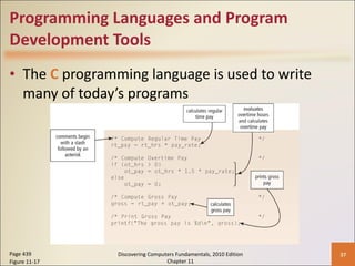 Programming Languages and Program Development Tools The  C  programming language is used to write many of today’s programs Page 439 Figure 11-17 Discovering Computers Fundamentals, 2010 Edition Chapter 11 