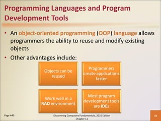 Programming Languages and Program Development Tools An  object-oriented programming  ( OOP )  language   allows programmers the ability to reuse and modify existing objects Other advantages include: Page 440 Discovering Computers Fundamentals, 2010 Edition Chapter 11 