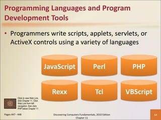 Programming Languages and Program Development Tools Programmers write scripts, applets, servlets, or ActiveX controls using a variety of languages Pages 447 - 448 Discovering Computers Fundamentals, 2010 Edition Chapter 11 Click to view Web Link, click Chapter 11, Click  Web Link from left  navigation, then click  PHP below Chapter 11 