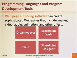 Programming Languages and Program Development Tools Web page authoring software   can create sophisticated Web pages that include images, video, audio, animation, and other effects Page 449 Discovering Computers Fundamentals, 2010 Edition Chapter 11 