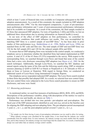 172                     J.E. Hunton et al. / Int. J. Account. Inf. Syst. 4 (2003) 165–184

which at least 3 years of financial data were available on Compustat subsequent to the ERP
adoption announcement. As a result of this constraint, the sample included no ERP adoption
announcements after 1996.2 For the inter-temporal comparisons, 3 years of pre-announce-
ment performance information and 3 years of post-announcement performance information
had to be available on Compustat. As a result of the constraints, the final sample resulted in
63 firms that announced ERP adoption. For tests of hypothesis 2 (H2a and H2b), we lost an
additional three observations due to missing information on financial health (z-score).
   In our tests of the effect of ERP adoption on firm performance, we controlled for
macroeconomic conditions that could influence test results. This was accomplished by
matching ERP firms to a control sample of non-ERP firms.3 As has been done in prior
studies of firm performance (e.g., Balakrishnan et al., 1996; Barber and Lyon, 1996), we
matched firms on SIC code and firm size. The total sample of ERP and non-ERP firms was
126 for the full sample (H1) and 120 for the reduced sample (H2a and H2b).
   To ensure that no ERP-adopting firms were included in the control sample, we conducted a
telephone survey to determine whether the identified firms had indeed implemented an ERP
system. A total of 21 of the 63 firms (33.33%) responded to the survey. With respect to the
nonresponding firms, we searched through Lexis-Nexis and found that none of the control
firms had a news wire disclosure concerning ERP adoption (see Hayes et al., 2001 for the
search technique). Additionally, through Lexis-Nexis, we searched the SEC database and
annual reports using the name of the firm and the following search string: ERP or enterprise
resource planning or QAD or SAP R/3 or Oracle or Peoplesoft or J. D. Edwards or SSA or
Baan or Geac or Lawson or Hyperion. With regard to foreign firms, we conducted an
additional search of Lexis-Nexis using International Company Reports.
   One telephone survey respondent indicated ERP adoption. The Lexis-Nexis search resulted
in three firms that possibly had adopted ERP. As a result, we selected four new control firms.
The new control firms were subjected to the Lexis-Nexis search procedure to ensure no ERP
disclosures, and none were found.

3.2. Measuring performance

   As mentioned earlier, we used four measures of performance (ROA, ROS, ATO, and ROI).
Descriptions of the performance variables, along with descriptions of the metrics we used to
determine firm size and health, are shown on Table 1.
   Performance was divided into two time periods—pre-adoption and post-adoption. The
fiscal year of the ERP announcement, identified as year zero (t0), served as the baseline year
for aligning the ERP-adopting and non-adopting firms. The pre-adoption period encompassed
3 years (tÀ3 to tÀ1), and the post-adoption period covered 3 years (t+1 to t+3).

   2
      The sample size for firms having 4 years of post-adoption information was too small to allow for testing.
   3
      When industry averages were calculated for the sample firms, it was found that the industry size varied
considerably from the sample firms. In some instances, the industry average was much smaller than the sample
firm, and in other instances, the industry average was much larger than the sample firm. As a result, a matched-pair
design was used rather than an industry average control variable.
 
