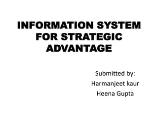 INFORMATION SYSTEM 
FOR STRATEGIC 
ADVANTAGE 
Submitted by: 
Harmanjeet kaur 
Heena Gupta 
 