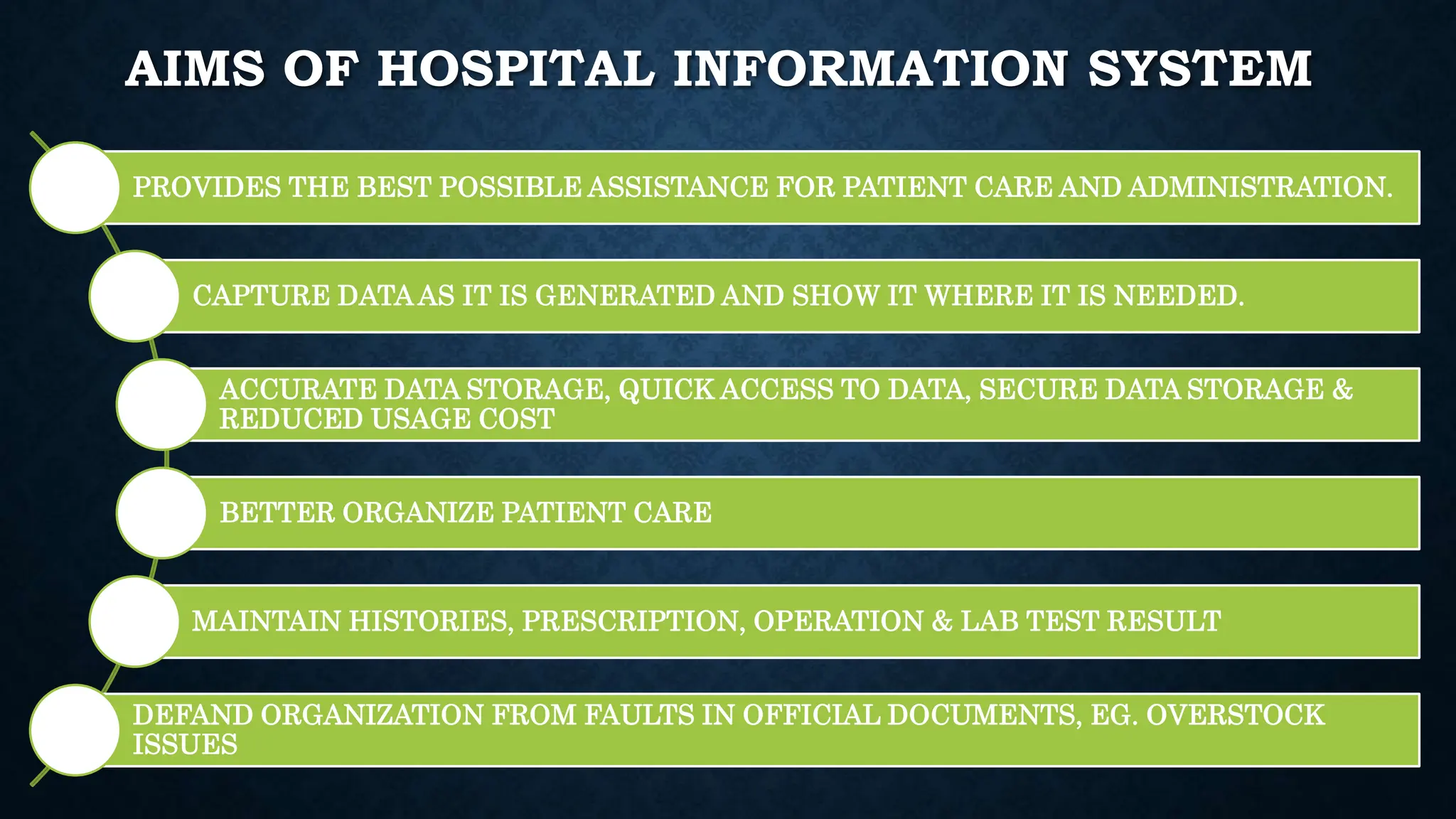 AIMS OF HOSPITAL INFORMATION SYSTEM
PROVIDES THE BEST POSSIBLE ASSISTANCE FOR PATIENT CARE AND ADMINISTRATION.
CAPTURE DATAAS IT IS GENERATED AND SHOW IT WHERE IT IS NEEDED.
ACCURATE DATA STORAGE, QUICK ACCESS TO DATA, SECURE DATA STORAGE &
REDUCED USAGE COST
BETTER ORGANIZE PATIENT CARE
MAINTAIN HISTORIES, PRESCRIPTION, OPERATION & LAB TEST RESULT
DEFAND ORGANIZATION FROM FAULTS IN OFFICIAL DOCUMENTS, EG. OVERSTOCK
ISSUES
 