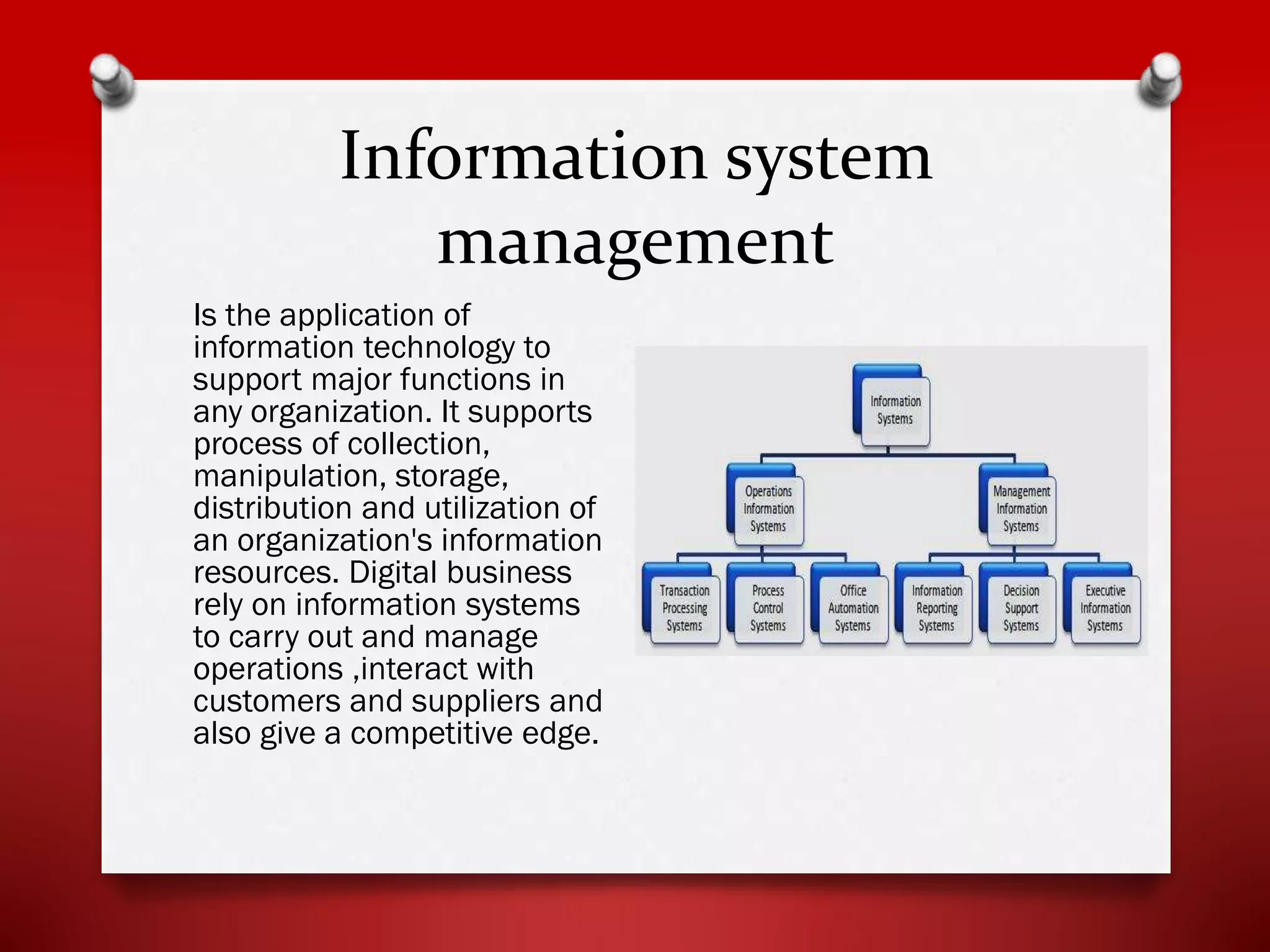 Information system
management
Is the application of
information technology to
support major functions in
any organization. It supports
process of collection,
manipulation, storage,
distribution and utilization of
an organization's information
resources. Digital business
rely on information systems
to carry out and manage
operations ,interact with
customers and suppliers and
also give a competitive edge.

 