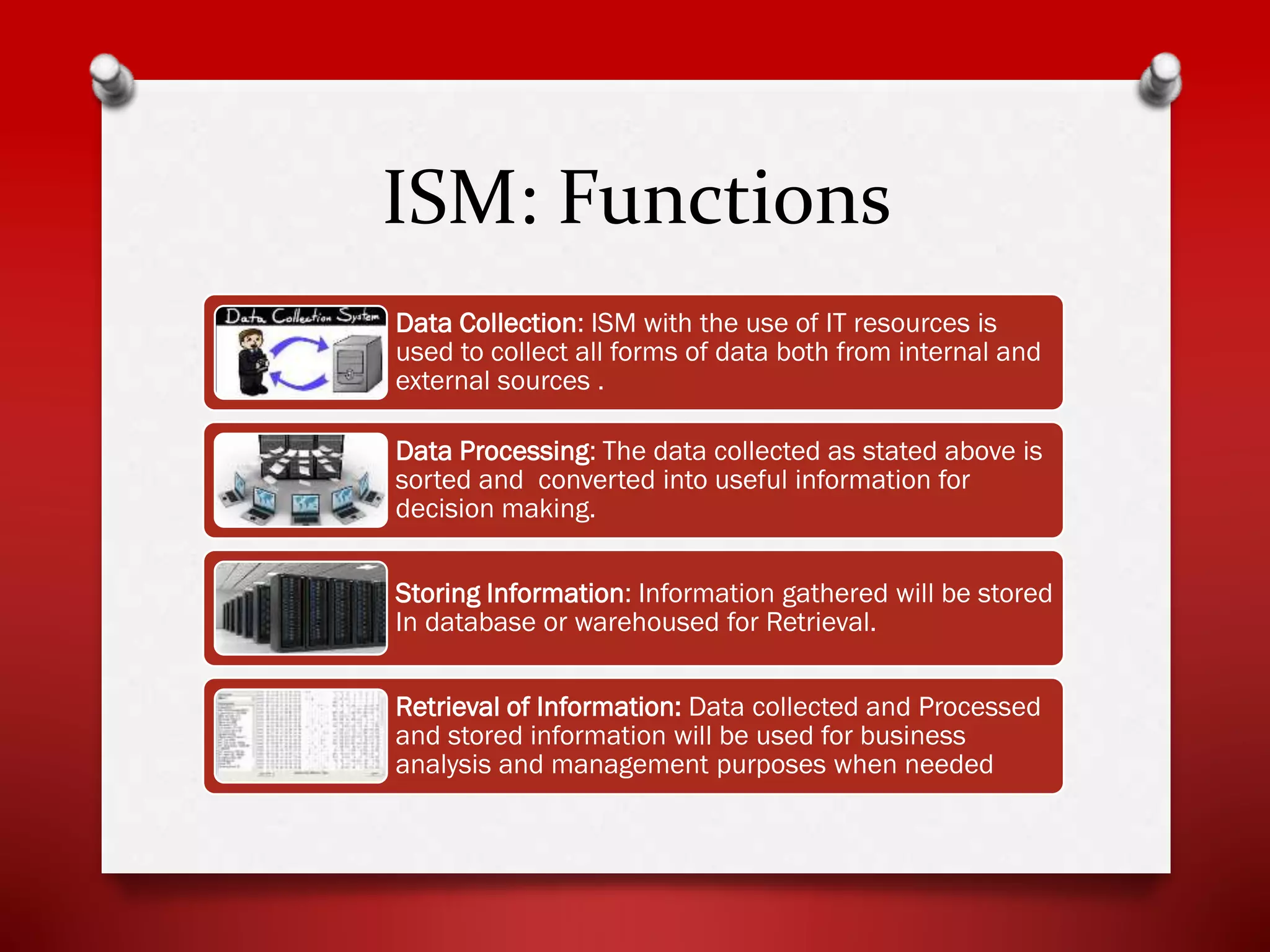 ISM: Functions
Data Collection: ISM with the use of IT resources is
used to collect all forms of data both from internal and
external sources .
Data Processing: The data collected as stated above is
sorted and converted into useful information for
decision making.
Storing Information: Information gathered will be stored
In database or warehoused for Retrieval.
Retrieval of Information: Data collected and Processed
and stored information will be used for business
analysis and management purposes when needed

 