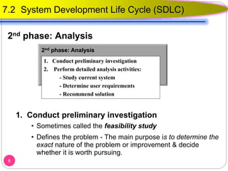 1. Conduct preliminary investigation
• Sometimes called the feasibility study
• Defines the problem - The main purpose is to determine the
exact nature of the problem or improvement & decide
whether it is worth pursuing.
6
7.2 System Development Life Cycle (SDLC)
2nd phase: Analysis
2nd phase: Analysis
1. Conduct preliminary investigation
2. Perform detailed analysis activities:
- Study current system
- Determine user requirements
- Recommend solution
 