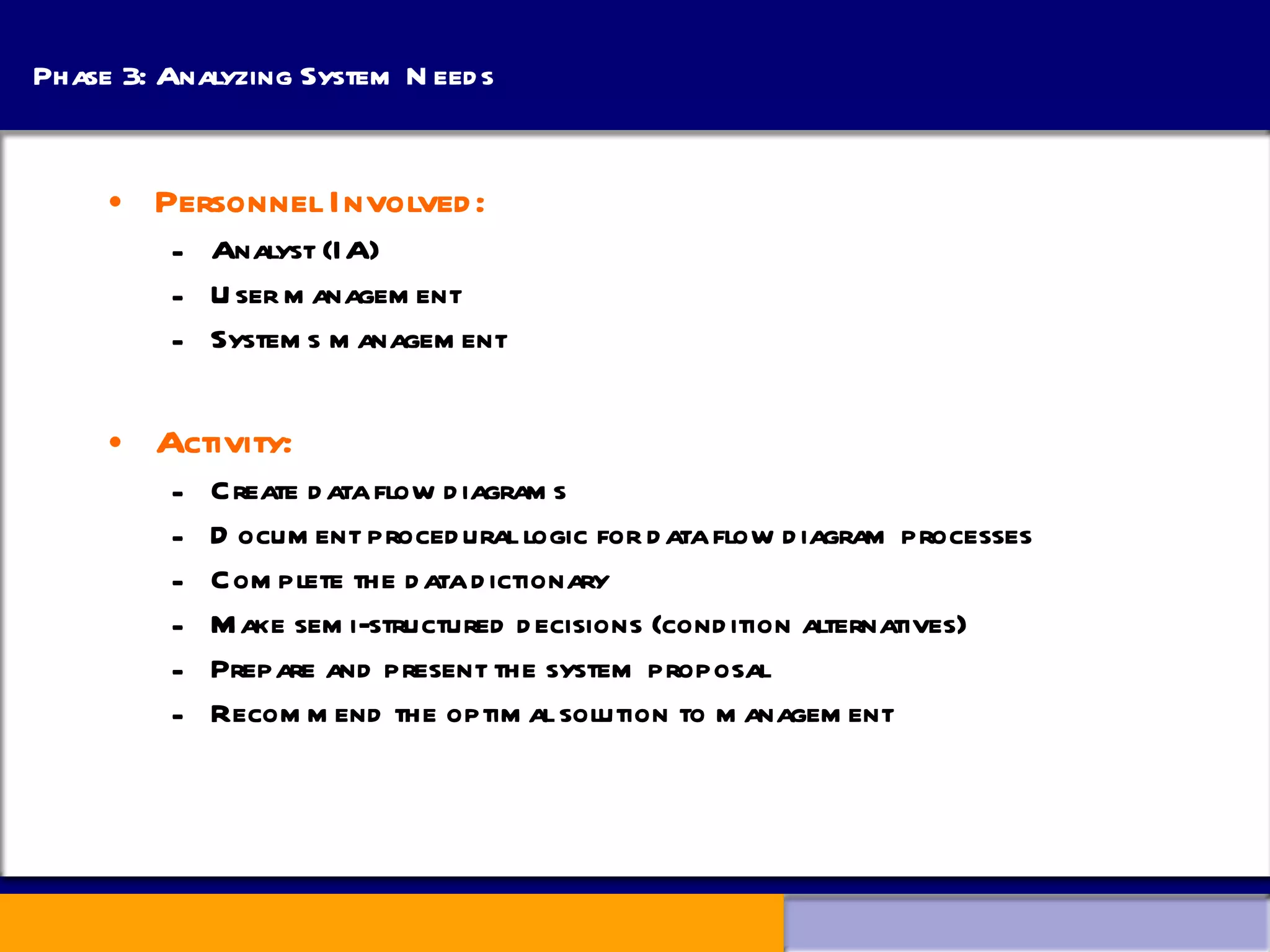 Phase 3: Analyzing System Needs Personnel Involved: Analyst (IA) User management Systems management Activity: Create data flow diagrams  Document procedural logic for data flow diagram processes Complete the data dictionary Make semi-structured decisions (condition alternatives) Prepare and present the system proposal Recommend the optimal solution to management 