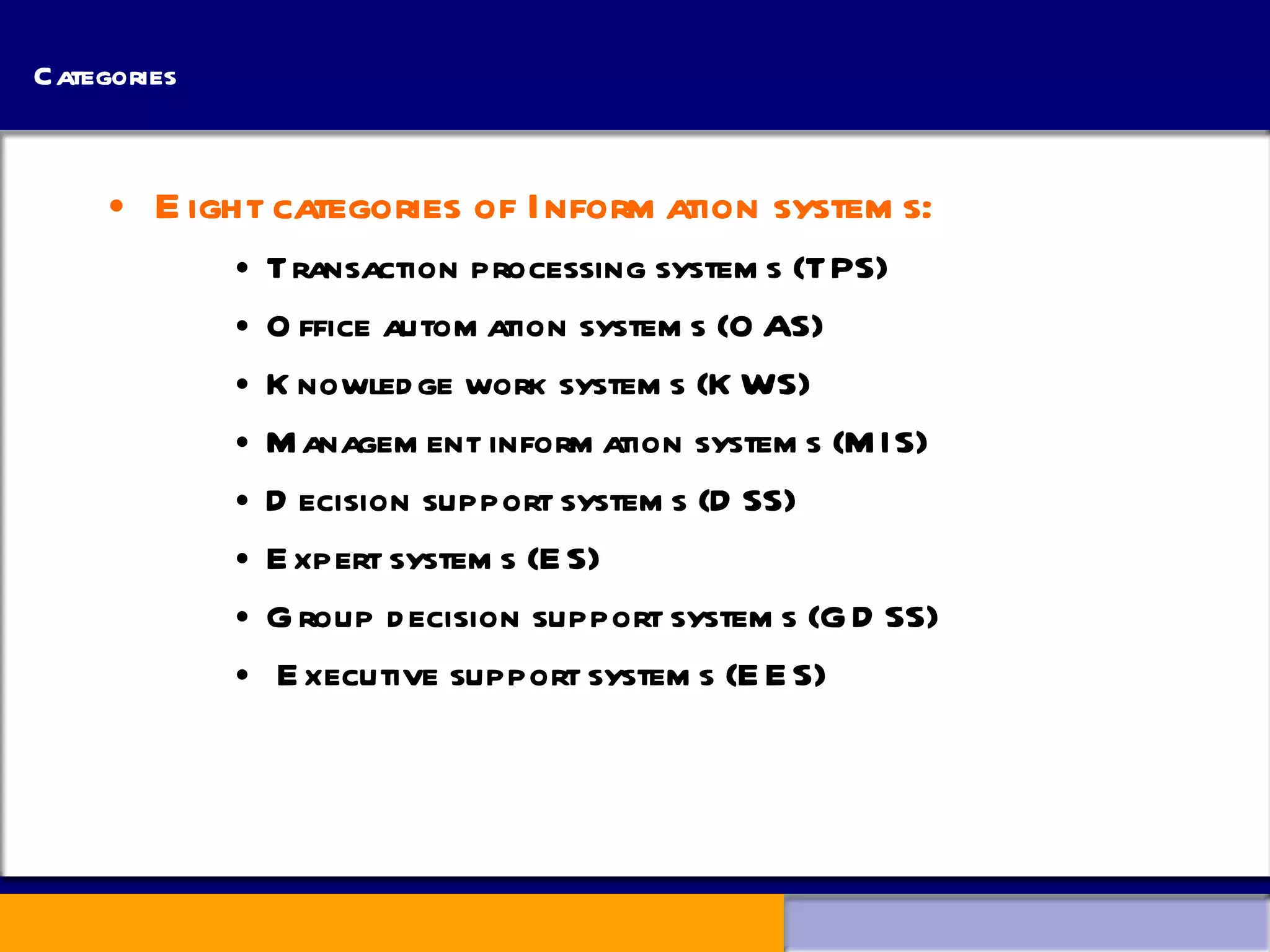 Categories Eight categories of Information systems: Transaction processing systems (TPS) Office automation systems (OAS) Knowledge work systems (KWS) Management information systems (MIS) Decision support systems (DSS) Expert systems (ES) Group decision support systems (GDSS) Executive support systems (EES) 