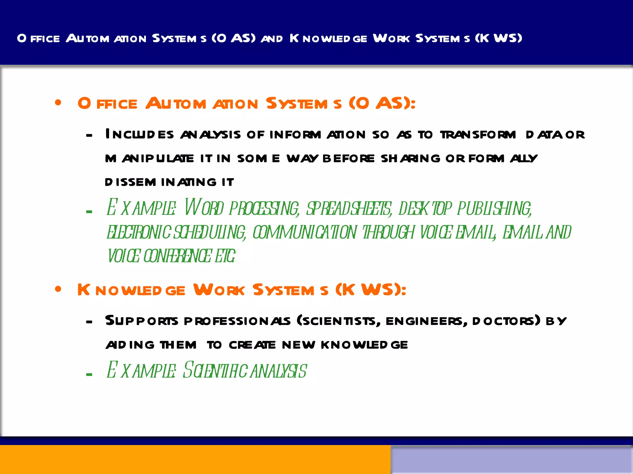 Office Automation Systems (OAS) and Knowledge Work Systems (KWS) Office Automation Systems (OAS): Includes analysis of information so as to transform data or manipulate it in some way before sharing or formally disseminating it Example: Word processing, spreadsheets, desktop publishing, electronic scheduling, communication through voice email, email and voice conference etc. Knowledge Work Systems (KWS): Supports professionals (scientists, engineers, doctors) by aiding them to create new knowledge Example: Scientific analysis 