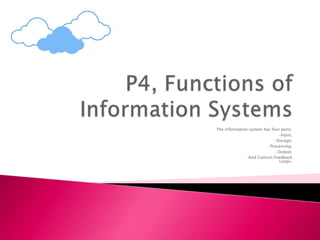 The information system has four parts:
• Input,
• Storage,
• Processing,
• Output,
• And Control/Feedback
Loops.
 