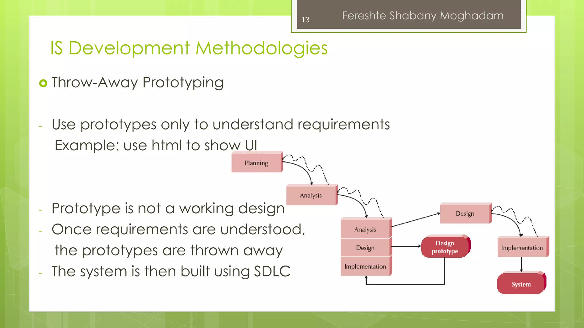  Throw-Away Prototyping 
- Use prototypes only to understand requirements 
Example: use html to show UI 
- Prototype is not a working design 
- Once requirements are understood, 
the prototypes are thrown away 
- The system is then built using SDLC 
13 Fereshte Shabany Moghadam 
IS Development Methodologies 
 