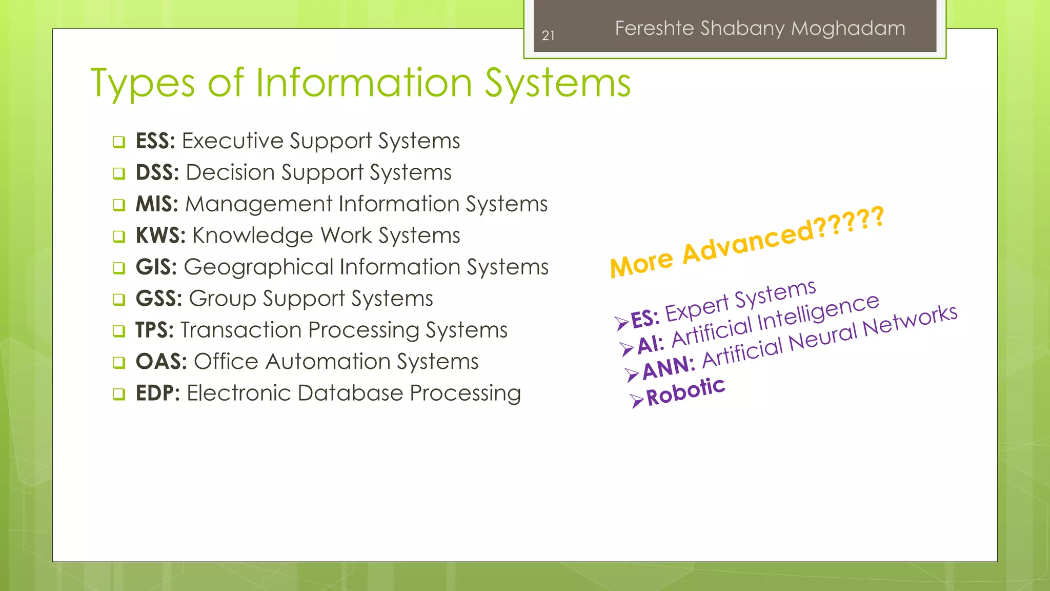 21 Fereshte Shabany Moghadam 
Types of Information Systems 
 ESS: Executive Support Systems 
 DSS: Decision Support Systems 
 MIS: Management Information Systems 
 KWS: Knowledge Work Systems 
 GIS: Geographical Information Systems 
 GSS: Group Support Systems 
 TPS: Transaction Processing Systems 
 OAS: Office Automation Systems 
 EDP: Electronic Database Processing 
 