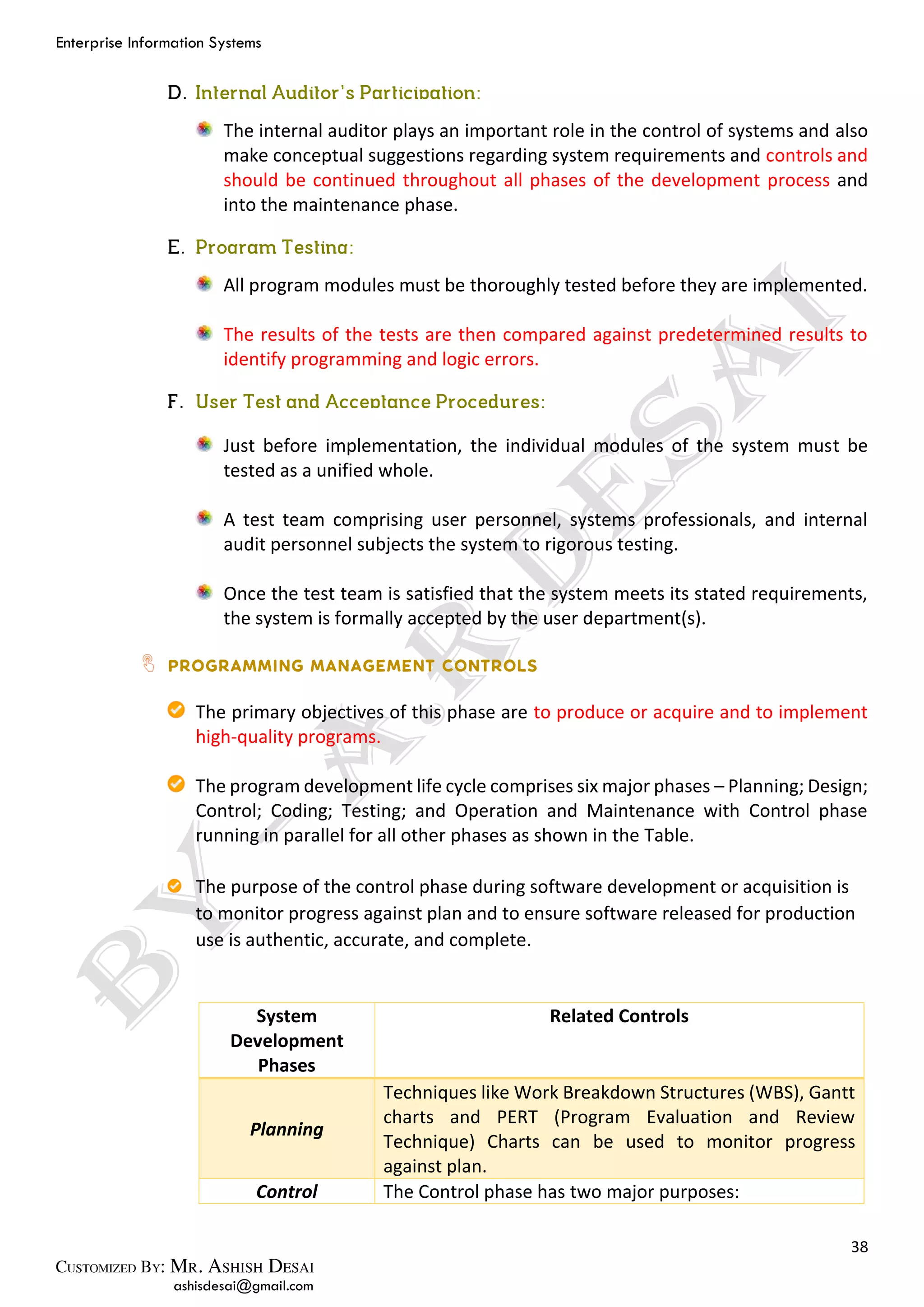 Enterprise Information Systems
38
ashisdesai@gmail.com
The internal auditor plays an important role in the control of systems and also
make conceptual suggestions regarding system requirements and controls and
should be continued throughout all phases of the development process and
into the maintenance phase.
All program modules must be thoroughly tested before they are implemented.
The results of the tests are then compared against predetermined results to
identify programming and logic errors.
Just before implementation, the individual modules of the system must be
tested as a unified whole.
A test team comprising user personnel, systems professionals, and internal
audit personnel subjects the system to rigorous testing.
Once the test team is satisfied that the system meets its stated requirements,
the system is formally accepted by the user department(s).
The primary objectives of this phase are to produce or acquire and to implement
high-quality programs.
The program development life cycle comprises six major phases – Planning; Design;
Control; Coding; Testing; and Operation and Maintenance with Control phase
running in parallel for all other phases as shown in the Table.
The purpose of the control phase during software development or acquisition is
to monitor progress against plan and to ensure software released for production
use is authentic, accurate, and complete.
System
Development
Phases
Related Controls
Planning
Techniques like Work Breakdown Structures (WBS), Gantt
charts and PERT (Program Evaluation and Review
Technique) Charts can be used to monitor progress
against plan.
Control The Control phase has two major purposes:
 