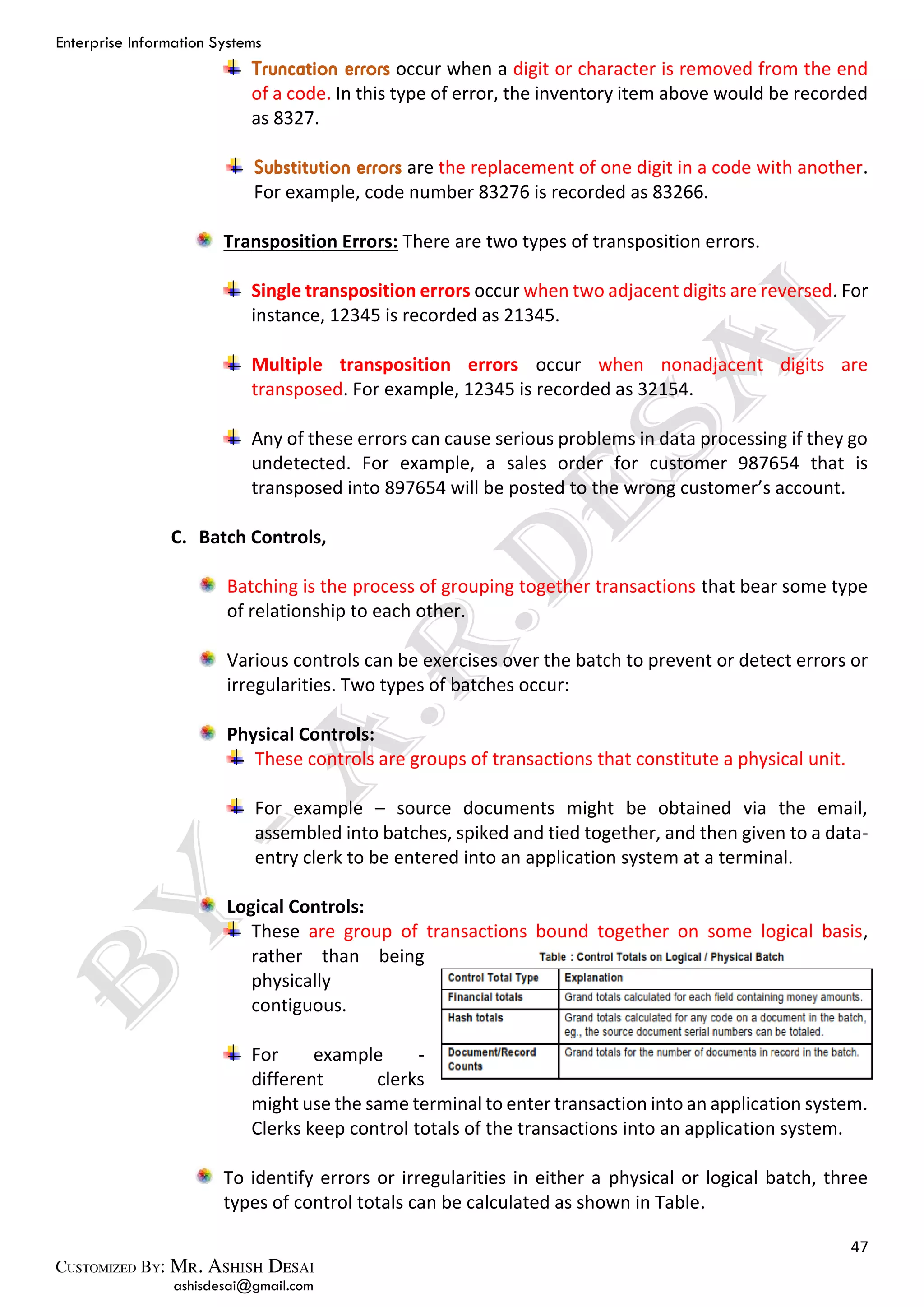Enterprise Information Systems
47
ashisdesai@gmail.com
Truncation errors occur when a digit or character is removed from the end
of a code. In this type of error, the inventory item above would be recorded
as 8327.
Substitution errors are the replacement of one digit in a code with another.
For example, code number 83276 is recorded as 83266.
Transposition Errors: There are two types of transposition errors.
Single transposition errors occur when two adjacent digits are reversed. For
instance, 12345 is recorded as 21345.
Multiple transposition errors occur when nonadjacent digits are
transposed. For example, 12345 is recorded as 32154.
Any of these errors can cause serious problems in data processing if they go
undetected. For example, a sales order for customer 987654 that is
transposed into 897654 will be posted to the wrong customer’s account.
C. Batch Controls,
Batching is the process of grouping together transactions that bear some type
of relationship to each other.
Various controls can be exercises over the batch to prevent or detect errors or
irregularities. Two types of batches occur:
Physical Controls:
These controls are groups of transactions that constitute a physical unit.
For example – source documents might be obtained via the email,
assembled into batches, spiked and tied together, and then given to a data-
entry clerk to be entered into an application system at a terminal.
Logical Controls:
These are group of transactions bound together on some logical basis,
rather than being
physically
contiguous.
For example -
different clerks
might use the same terminal to enter transaction into an application system.
Clerks keep control totals of the transactions into an application system.
To identify errors or irregularities in either a physical or logical batch, three
types of control totals can be calculated as shown in Table.
 