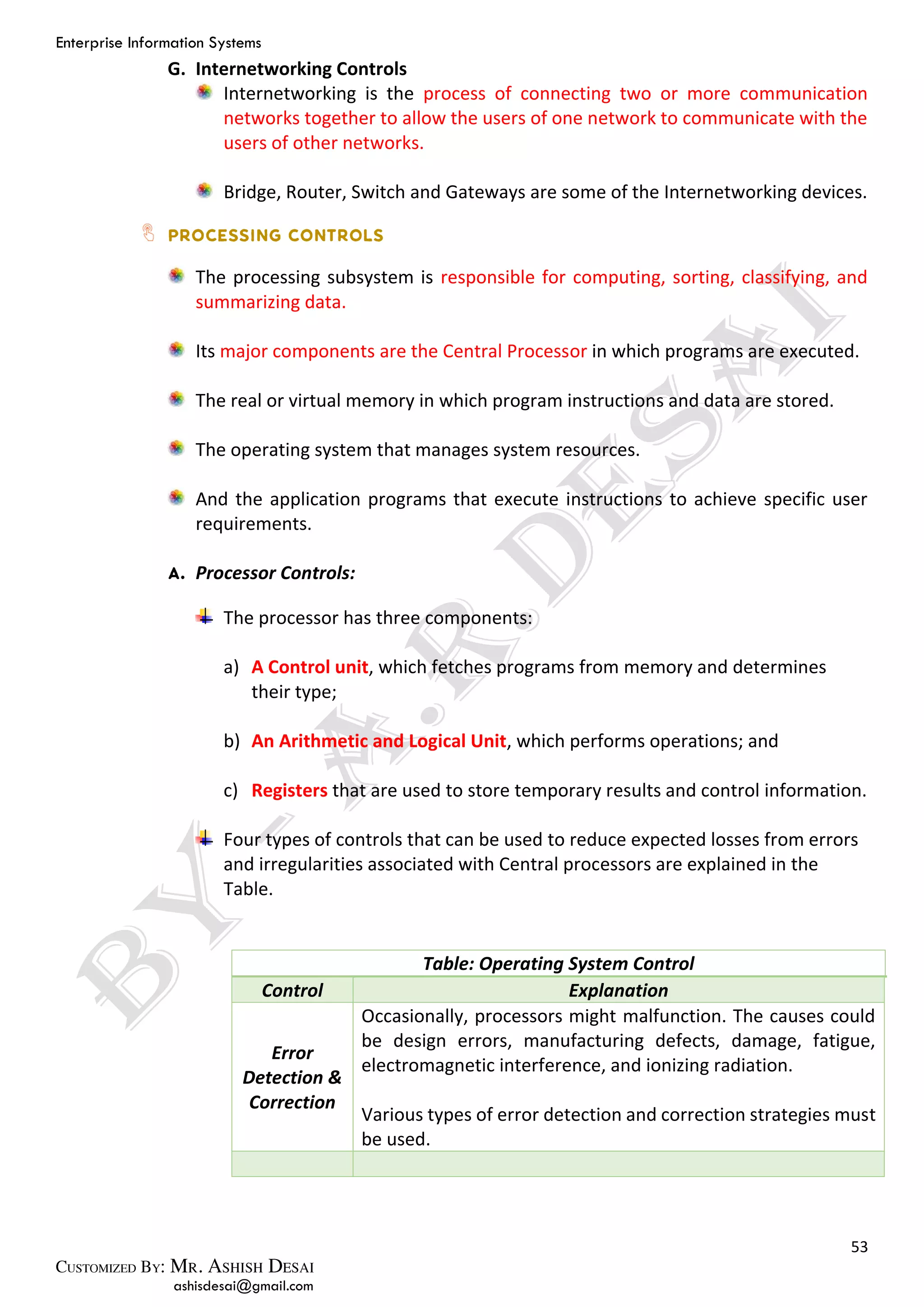 Enterprise Information Systems
53
ashisdesai@gmail.com
G. Internetworking Controls
Internetworking is the process of connecting two or more communication
networks together to allow the users of one network to communicate with the
users of other networks.
Bridge, Router, Switch and Gateways are some of the Internetworking devices.
The processing subsystem is responsible for computing, sorting, classifying, and
summarizing data.
Its major components are the Central Processor in which programs are executed.
The real or virtual memory in which program instructions and data are stored.
The operating system that manages system resources.
And the application programs that execute instructions to achieve specific user
requirements.
Processor Controls:
The processor has three components:
a) A Control unit, which fetches programs from memory and determines
their type;
b) An Arithmetic and Logical Unit, which performs operations; and
c) Registers that are used to store temporary results and control information.
Four types of controls that can be used to reduce expected losses from errors
and irregularities associated with Central processors are explained in the
Table.
Table: Operating System Control
Control Explanation
Error
Detection &
Correction
Occasionally, processors might malfunction. The causes could
be design errors, manufacturing defects, damage, fatigue,
electromagnetic interference, and ionizing radiation.
Various types of error detection and correction strategies must
be used.
 