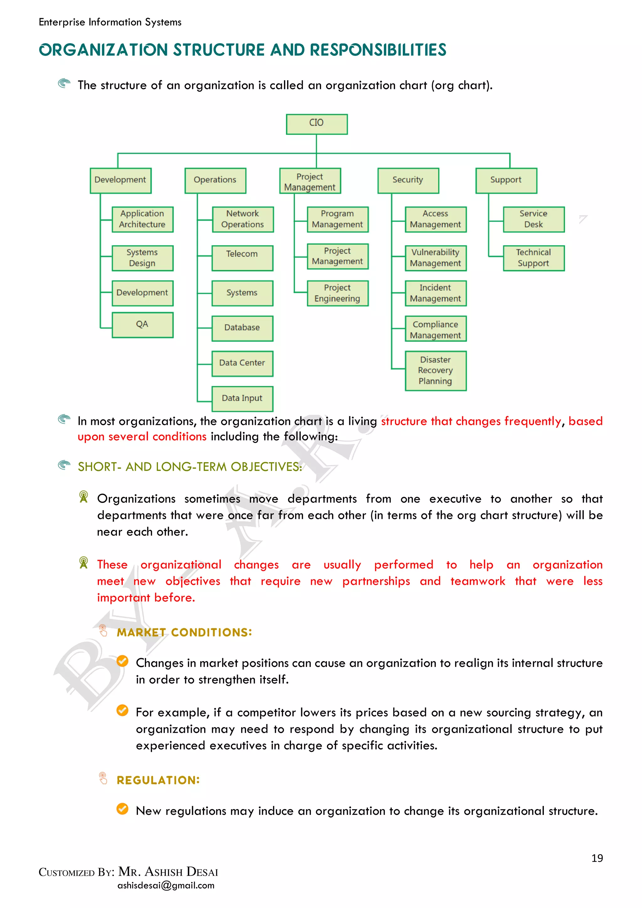 Enterprise Information Systems
19
ashisdesai@gmail.com
The structure of an organization is called an organization chart (org chart).
In most organizations, the organization chart is a living structure that changes frequently, based
upon several conditions including the following:
SHORT- AND LONG-TERM OBJECTIVES:
Organizations sometimes move departments from one executive to another so that
departments that were once far from each other (in terms of the org chart structure) will be
near each other.
These organizational changes are usually performed to help an organization
meet new objectives that require new partnerships and teamwork that were less
important before.
Changes in market positions can cause an organization to realign its internal structure
in order to strengthen itself.
For example, if a competitor lowers its prices based on a new sourcing strategy, an
organization may need to respond by changing its organizational structure to put
experienced executives in charge of specific activities.
New regulations may induce an organization to change its organizational structure.
 