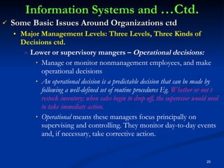 Information Systems and  …Ctd. Some Basic Issues Around Organizations ctd Major Management Levels: Three Levels, Three Kinds of Decisions ctd. Lower or supervisory mangers –  Operational decisions: Manage or monitor nonmanagement employees, and make operational decisions An operational decision is a predictable decision that can be made by following a well-defined set of routine procedures Eg.  Whether or not t restock inventory; when sales begin to drop off, the supervisor would need to take immediate action. Operational  means these managers focus principally on supervising and controlling. They monitor day-to-day events and, if necessary, take corrective action. 