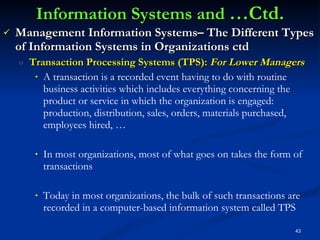 Information Systems and  …Ctd. Management Information Systems– The Different Types of Information Systems in Organizations ctd Transaction Processing Systems (TPS):  For Lower Managers   A transaction is a recorded event having to do with routine business activities which includes everything concerning the product or service in which the organization is engaged: production, distribution, sales, orders, materials purchased, employees hired, … In most organizations, most of what goes on takes the form of transactions Today in most organizations, the bulk of such transactions are recorded in a computer-based information system called TPS 