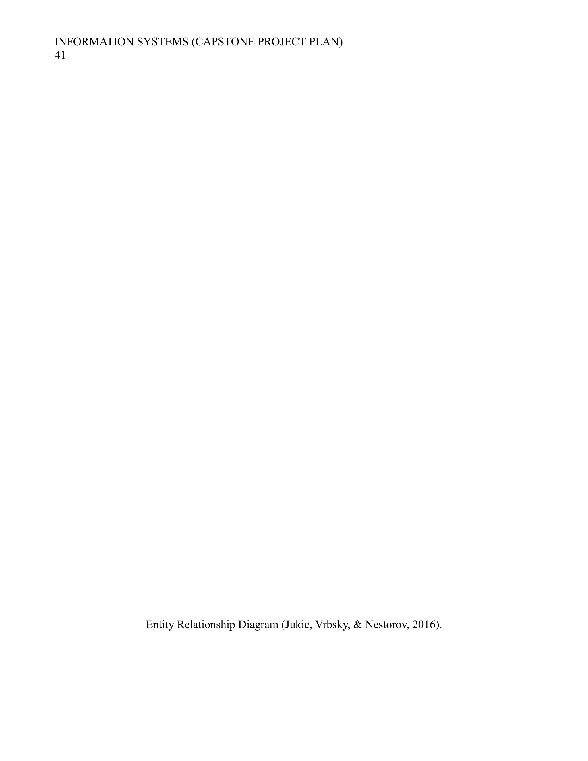 INFORMATION SYSTEMS (CAPSTONE PROJECT PLAN)
41
Entity Relationship Diagram (Jukic, Vrbsky, & Nestorov, 2016).
 
