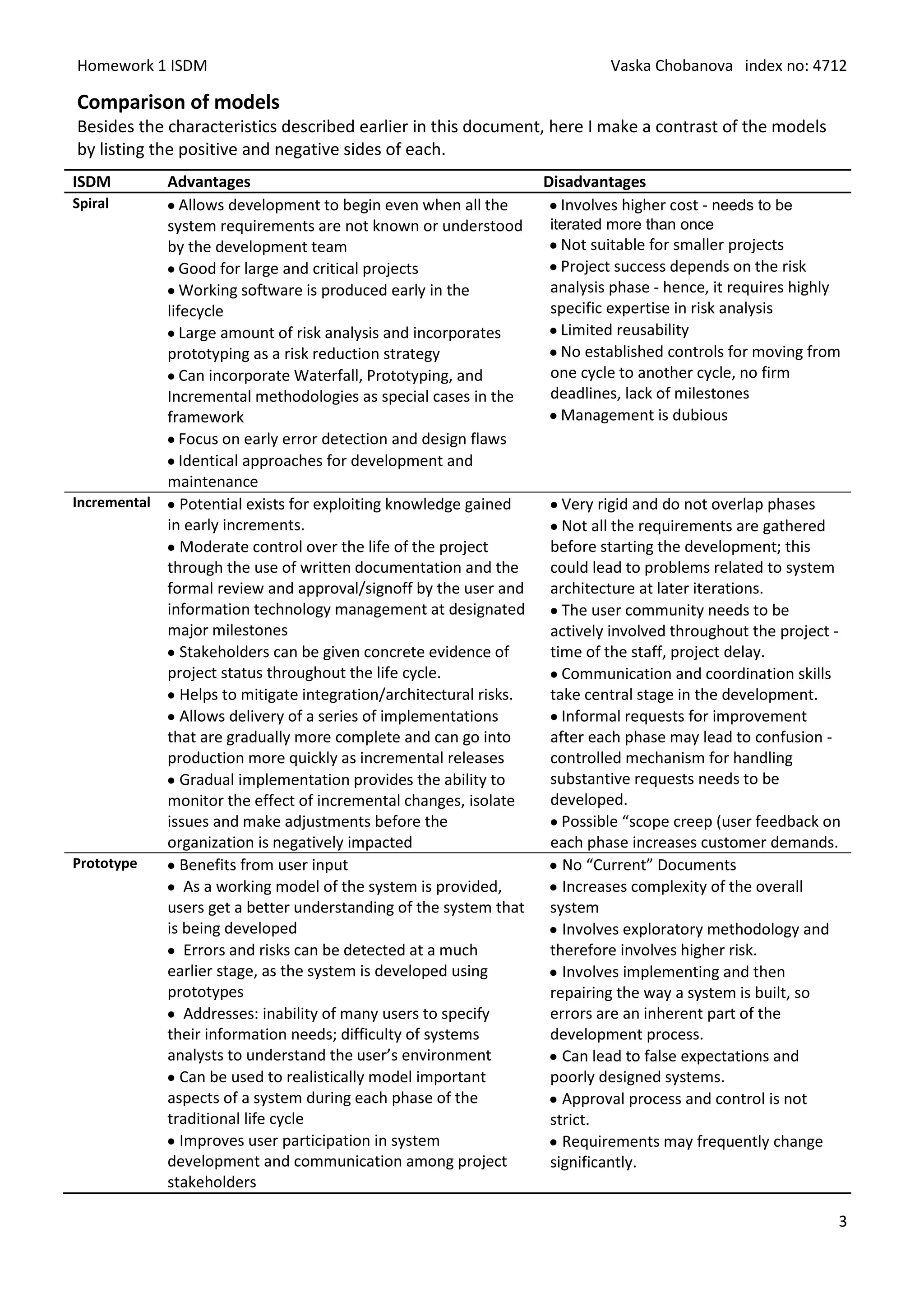 Homework 1 ISDM                                                              Vaska Chobanova index no: 4712

Comparison of models
Besides the characteristics described earlier in this document, here I make a contrast of the models
by listing the positive and negative sides of each.
ISDM        Advantages                                              Disadvantages
Spiral         Allows development to begin even when all the          Involves higher cost - needs to be
            system requirements are not known or understood          iterated more than once
            by the development team                                   Not suitable for smaller projects
               Good for large and critical projects                   Project success depends on the risk
               Working software is produced early in the             analysis phase - hence, it requires highly
            lifecycle                                                specific expertise in risk analysis
               Large amount of risk analysis and incorporates         Limited reusability
            prototyping as a risk reduction strategy                  No established controls for moving from
               Can incorporate Waterfall, Prototyping, and           one cycle to another cycle, no firm
            Incremental methodologies as special cases in the        deadlines, lack of milestones
            framework                                                 Management is dubious
               Focus on early error detection and design flaws
               Identical approaches for development and
            maintenance
Incremental    Potential exists for exploiting knowledge gained       Very rigid and do not overlap phases
            in early increments.                                      Not all the requirements are gathered
               Moderate control over the life of the project        before starting the development; this
            through the use of written documentation and the        could lead to problems related to system
            formal review and approval/signoff by the user and      architecture at later iterations.
            information technology management at designated           The user community needs to be
            major milestones                                        actively involved throughout the project -
               Stakeholders can be given concrete evidence of       time of the staff, project delay.
            project status throughout the life cycle.                 Communication and coordination skills
               Helps to mitigate integration/architectural risks.   take central stage in the development.
               Allows delivery of a series of implementations         Informal requests for improvement
            that are gradually more complete and can go into        after each phase may lead to confusion -
            production more quickly as incremental releases         controlled mechanism for handling
               Gradual implementation provides the ability to       substantive requests needs to be
            monitor the effect of incremental changes, isolate      developed.
            issues and make adjustments before the                    Possible “scope creep (user feedback on
            organization is negatively impacted                     each phase increases customer demands.
Prototype      Benefits from user input                               No “Current” Documents
                As a working model of the system is provided,         Increases complexity of the overall
            users get a better understanding of the system that     system
            is being developed                                        Involves exploratory methodology and
                Errors and risks can be detected at a much          therefore involves higher risk.
            earlier stage, as the system is developed using           Involves implementing and then
            prototypes                                              repairing the way a system is built, so
                Addresses: inability of many users to specify       errors are an inherent part of the
            their information needs; difficulty of systems          development process.
            analysts to understand the user’s environment             Can lead to false expectations and
               Can be used to realistically model important         poorly designed systems.
            aspects of a system during each phase of the              Approval process and control is not
            traditional life cycle                                  strict.
               Improves user participation in system                  Requirements may frequently change
            development and communication among project             significantly.
            stakeholders

                                                                                                              3
 