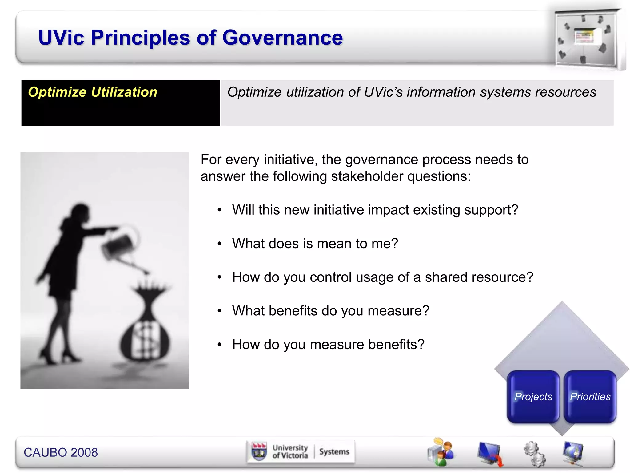 CAUBO 2008
UVic Principles of Governance
For every initiative, the governance process needs to
answer the following stakeholder questions:
• Will this new initiative impact existing support?
• What does is mean to me?
• How do you control usage of a shared resource?
• What benefits do you measure?
• How do you measure benefits?
Projects Priorities
Optimize Utilization Optimize utilization of UVic’s information systems resources
 