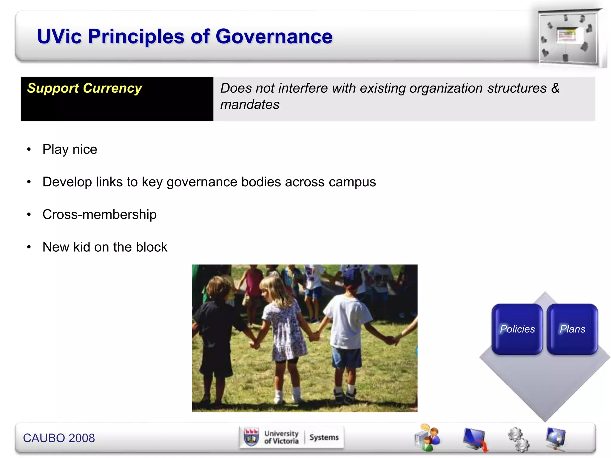 CAUBO 2008
UVic Principles of Governance
Policies Plans
Support Currency Does not interfere with existing organization structures &
mandates
• Play nice
• Develop links to key governance bodies across campus
• Cross-membership
• New kid on the block
 
