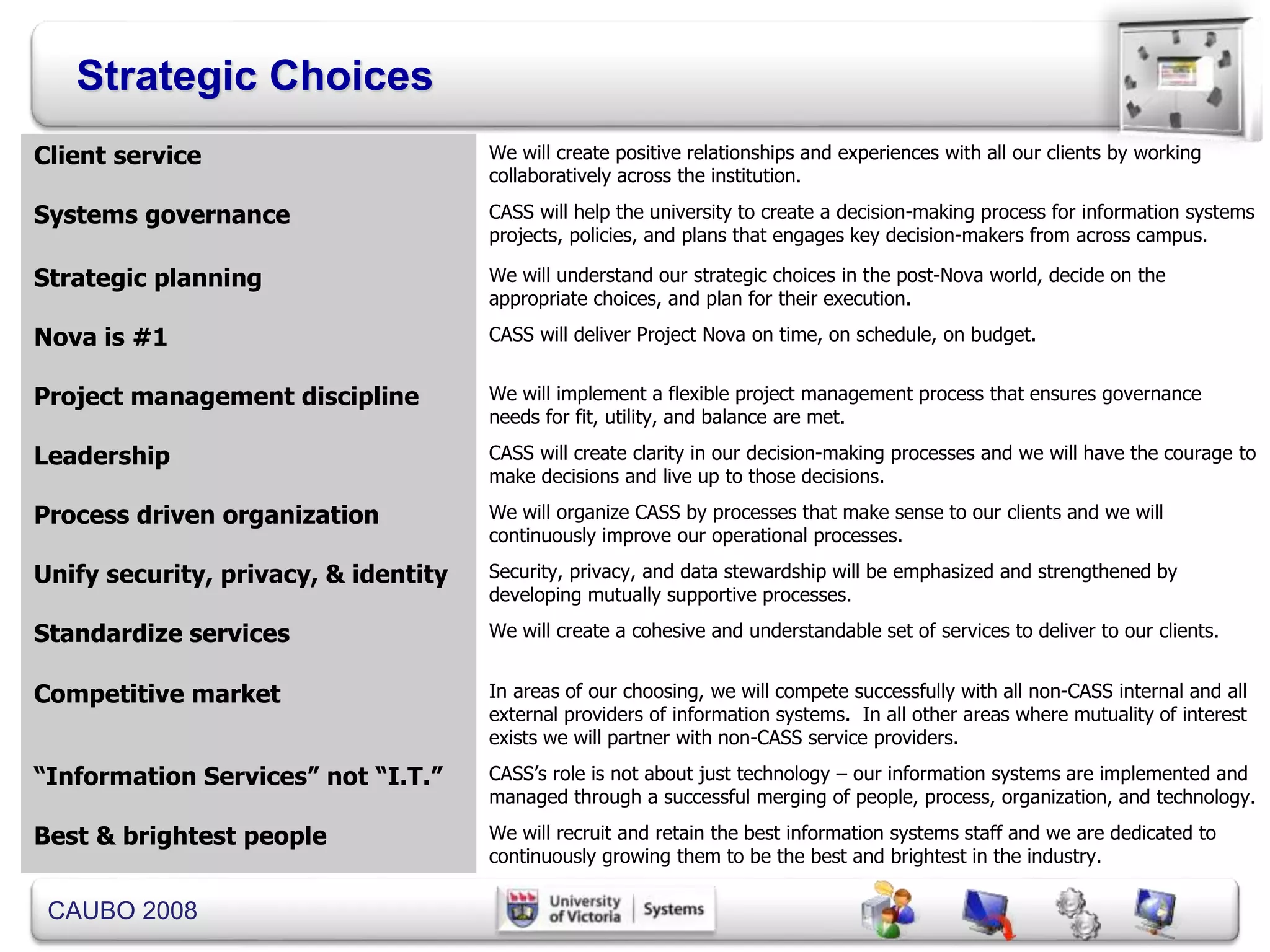 CAUBO 2008
Strategic Choices
Client service We will create positive relationships and experiences with all our clients by working
collaboratively across the institution.
Systems governance CASS will help the university to create a decision-making process for information systems
projects, policies, and plans that engages key decision-makers from across campus.
Strategic planning We will understand our strategic choices in the post-Nova world, decide on the
appropriate choices, and plan for their execution.
Nova is #1 CASS will deliver Project Nova on time, on schedule, on budget.
Project management discipline We will implement a flexible project management process that ensures governance
needs for fit, utility, and balance are met.
Leadership CASS will create clarity in our decision-making processes and we will have the courage to
make decisions and live up to those decisions.
Process driven organization We will organize CASS by processes that make sense to our clients and we will
continuously improve our operational processes.
Unify security, privacy, & identity Security, privacy, and data stewardship will be emphasized and strengthened by
developing mutually supportive processes.
Standardize services We will create a cohesive and understandable set of services to deliver to our clients.
Competitive market In areas of our choosing, we will compete successfully with all non-CASS internal and all
external providers of information systems. In all other areas where mutuality of interest
exists we will partner with non-CASS service providers.
“Information Services” not “I.T.” CASS’s role is not about just technology – our information systems are implemented and
managed through a successful merging of people, process, organization, and technology.
Best & brightest people We will recruit and retain the best information systems staff and we are dedicated to
continuously growing them to be the best and brightest in the industry.
 