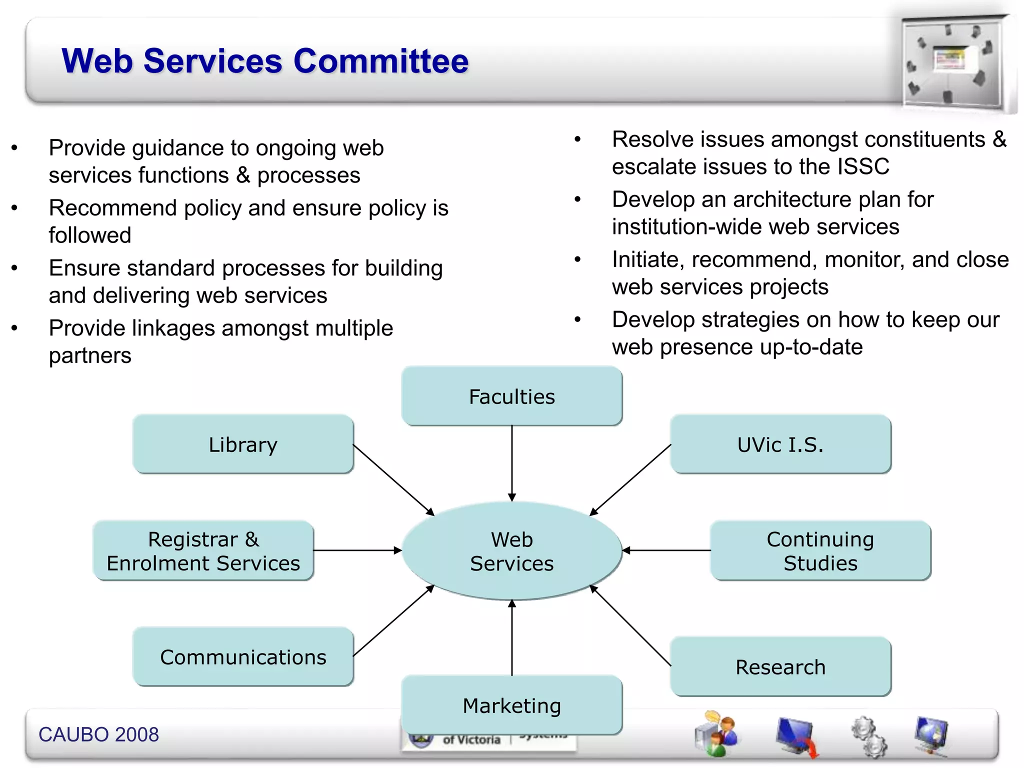 CAUBO 2008
Web Services Committee
• Provide guidance to ongoing web
services functions & processes
• Recommend policy and ensure policy is
followed
• Ensure standard processes for building
and delivering web services
• Provide linkages amongst multiple
partners
Web
Services
Library
Faculties
UVic I.S.
Communications
Marketing
Research
Registrar &
Enrolment Services
Continuing
Studies
• Resolve issues amongst constituents &
escalate issues to the ISSC
• Develop an architecture plan for
institution-wide web services
• Initiate, recommend, monitor, and close
web services projects
• Develop strategies on how to keep our
web presence up-to-date
 