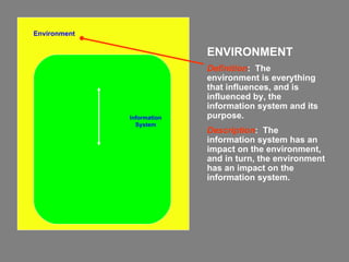 Environment Information System ENVIRONMENT Definition :  The environment is everything that influences, and is influenced by, the information system and its purpose. Description :  The information system has an impact on the environment, and in turn, the environment has an impact on the information system. 