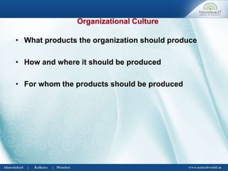 • What products the organization should produce
• How and where it should be produced
• For whom the products should be produced
Organizational Culture
 