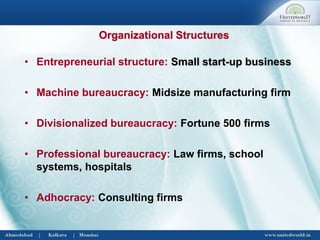 • Entrepreneurial structure: Small start-up business
• Machine bureaucracy: Midsize manufacturing firm
• Divisionalized bureaucracy: Fortune 500 firms
• Professional bureaucracy: Law firms, school
systems, hospitals
• Adhocracy: Consulting firms
Organizational Structures
 