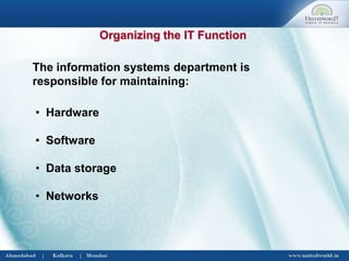 Organizing the IT Function
• Hardware
• Software
• Data storage
• Networks
The information systems department is
responsible for maintaining:
 