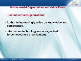 Postindustrial Organizations and Virtual Firms
Postindustrial Organizations:
• Authority increasingly relies on knowledge and
competence.
• Information technology encourages task
force-networked organizations.
 