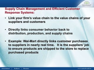 • Link your firm’s value chain to the value chains of your
suppliers and customers
• Directly links consumer behavior back to
distribution, production, and supply chains
• Example: Wal-Mart directly links customer purchases
to suppliers in nearly real time. It is the suppliers’ job
to ensure products are shipped to the store to replace
purchased products
Supply Chain Management and Efficient Customer
Response Systems:
 