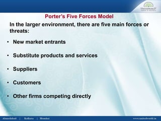 In the larger environment, there are five main forces or
threats:
• New market entrants
• Substitute products and services
• Suppliers
• Customers
• Other firms competing directly
Porter’s Five Forces Model
 