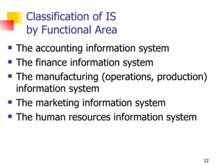 Classification of IS by Functional Area The accounting information system The finance information system The manufacturing (operations, production) information system The marketing information system The human resources information system 