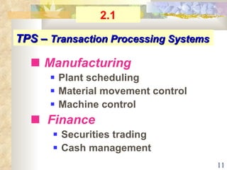 TPS –  Transaction Processing Systems    Manufacturing      Plant scheduling    Material movement control    Machine control    Finance      Securities trading     Cash management 2.1 