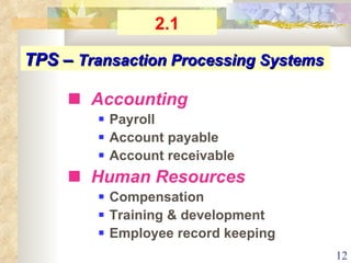    Accounting    Payroll    Account payable    Account receivable    Human Resources    Compensation    Training & development    Employee record keeping TPS –  Transaction Processing Systems 2.1 