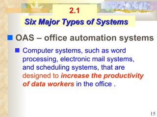    Computer systems, such as word processing, electronic mail systems, and scheduling systems, that are  designed to  increase the productivity of data workers  in the office . Six Major Types of Systems    OAS – office automation systems 2.1 