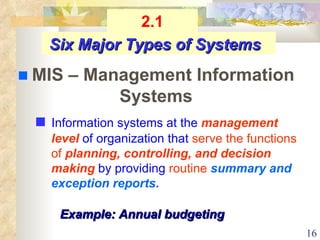    Information systems at the  management level  of organization that  serve the functions of  planning, controlling, and decision making   by providing  routine  summary and exception   reports .   Six Major Types of Systems    MIS – Management Information Systems 2.1 Example: Annual budgeting 