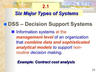    Information systems  at the  management level  of an organization that  combine data and sophisticated analytical models   to support  non-routine  decision making . Six Major Types of Systems    DSS – Decision Support Systems 2.1 Example:   Contract cost analysis 