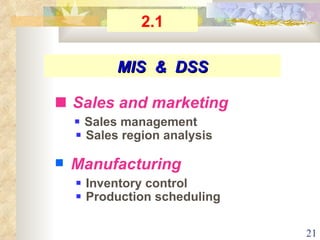    Sales and marketing        Sales management    Sales region analysis Manufacturing    Inventory control    Production scheduling MIS  &  DSS 2.1 