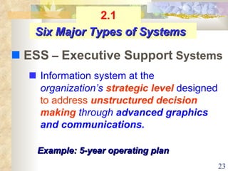    Information system at the  organization’s  strategic level  designed  to address  unstructured decision making  through  advanced graphics   and communications.   Six Major Types of Systems    ESS  –  Executive Support  Systems 2.1 Example: 5-year operating plan 