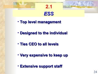 Top level management Designed to the individual Ties CEO to all levels Very expensive to keep up Extensive support staff ESS 2.1 