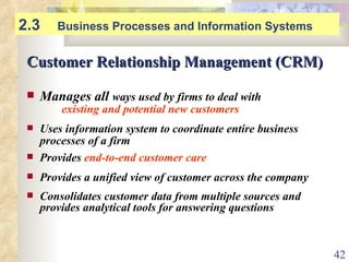 Customer Relationship Management (CRM) Manages all  ways used by firms to deal with existing and potential new customers Uses information system to coordinate entire business  processes of a firm Provides  end-to-end customer care Provides a unified view of customer across the company Consolidates customer data from multiple sources and  provides analytical tools for answering questions 2.3  Business Processes and Information Systems 