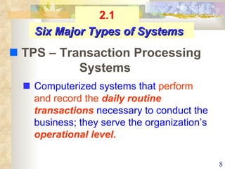 [object Object],Six Major Types of Systems    TPS – Transaction Processing Systems 2.1 
