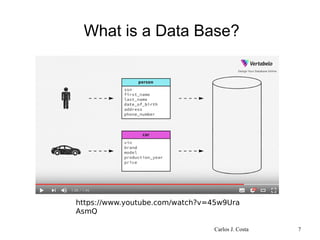 What is a Data Base?
https://www.youtube.com/watch?v=45w9Ura
AsmQ
Carlos J. Costa 7
 