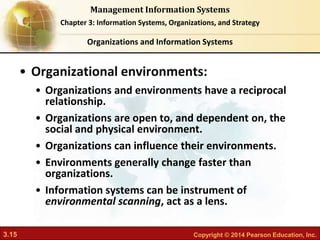 3.15 Copyright © 2014 Pearson Education, Inc.
Management Information Systems
Chapter 3: Information Systems, Organizations, and Strategy
• Organizational environments:
• Organizations and environments have a reciprocal
relationship.
• Organizations are open to, and dependent on, the
social and physical environment.
• Organizations can influence their environments.
• Environments generally change faster than
organizations.
• Information systems can be instrument of
environmental scanning, act as a lens.
Organizations and Information Systems
 