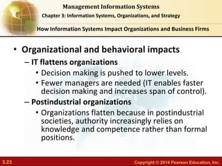 3.23 Copyright © 2014 Pearson Education, Inc.
Management Information Systems
Chapter 3: Information Systems, Organizations, and Strategy
• Organizational and behavioral impacts
– IT flattens organizations
• Decision making is pushed to lower levels.
• Fewer managers are needed (IT enables faster
decision making and increases span of control).
– Postindustrial organizations
• Organizations flatten because in postindustrial
societies, authority increasingly relies on
knowledge and competence rather than formal
positions.
How Information Systems Impact Organizations and Business Firms
 