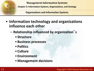 3.5 Copyright © 2014 Pearson Education, Inc.
Management Information Systems
Chapter 3: Information Systems, Organizations, and Strategy
• Information technology and organizations
influence each other
– Relationship influenced by organization’s
•Structure
•Business processes
•Politics
•Culture
•Environment
•Management decisions
Organizations and Information Systems
 